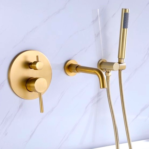 Rbrohant Brushed Gold Wall Mount Tub Faucet w Handheld Sprayer NWT - Picture 1 of 16